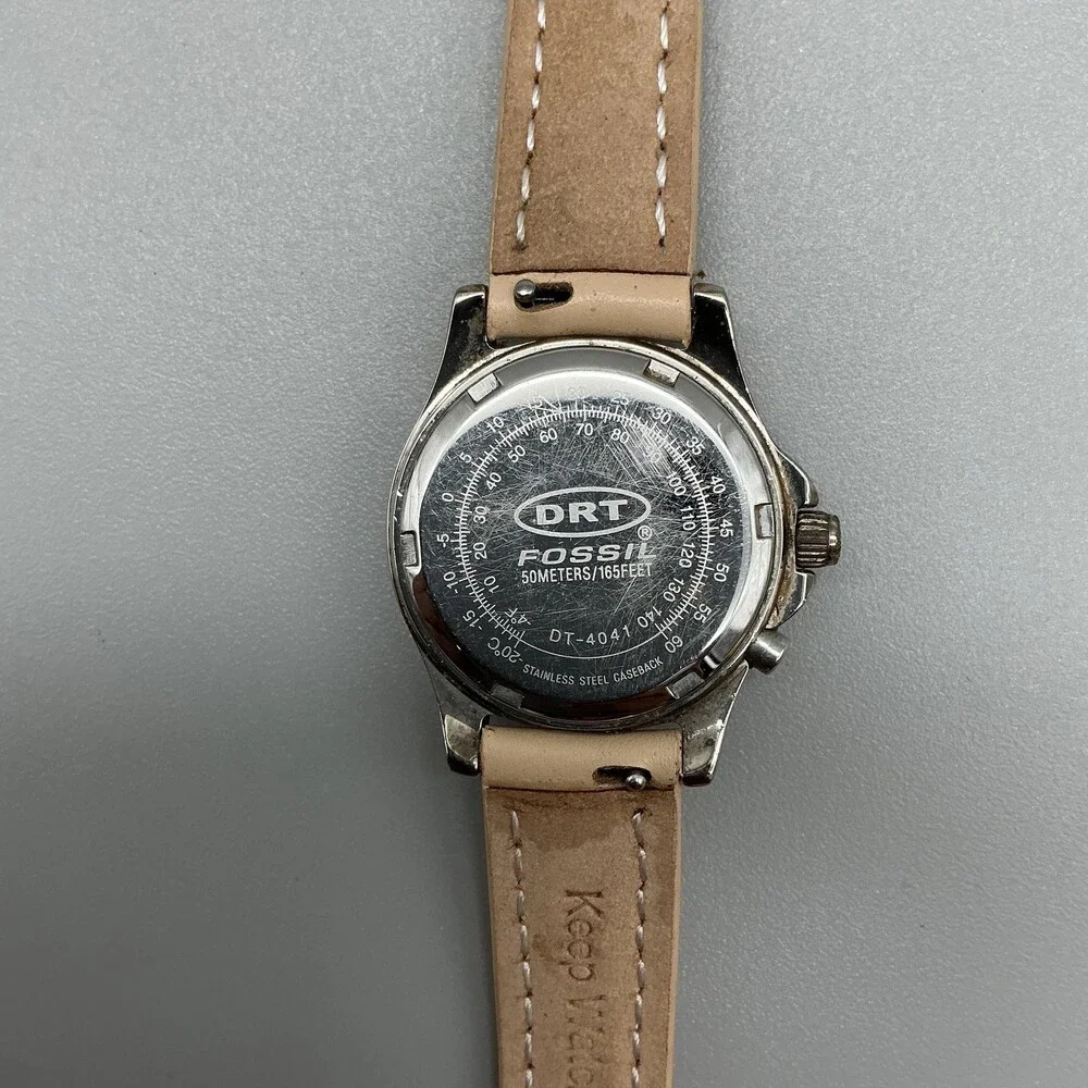 Vintage Fossil DRT DT-4041 Womens Watch 29mm Blue Dial Beige Leather New Battery